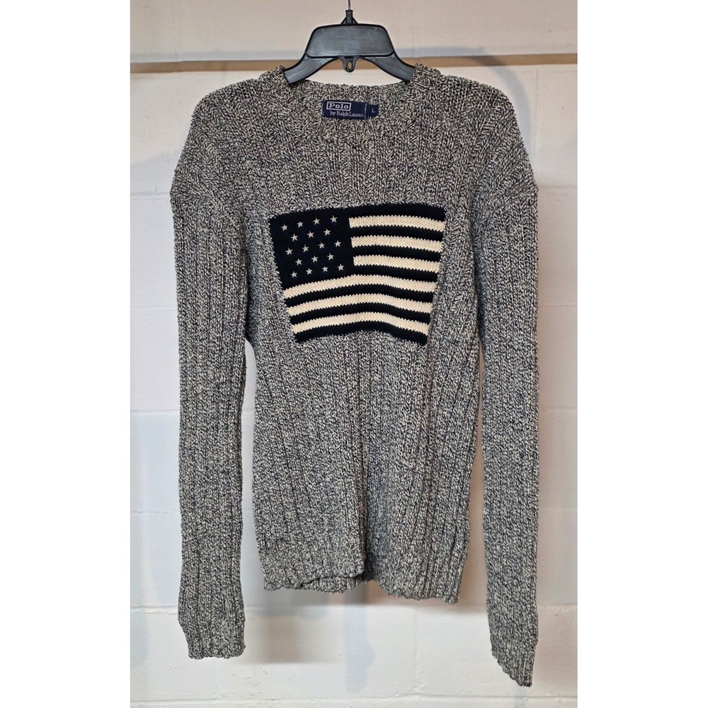 Vintage 1989 Polo Ralph Lauren Iconic Flag Sweater Grey Knit Crewneck Large